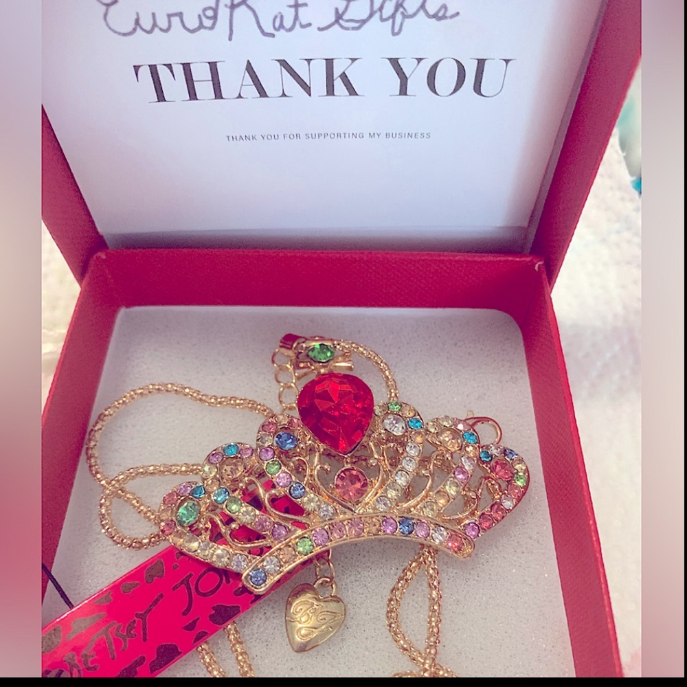 Betsey Johnson Colorful Rhinestone Crown Necklace NEW NWT gold 18"-22"in chain - Picture 10 of 10